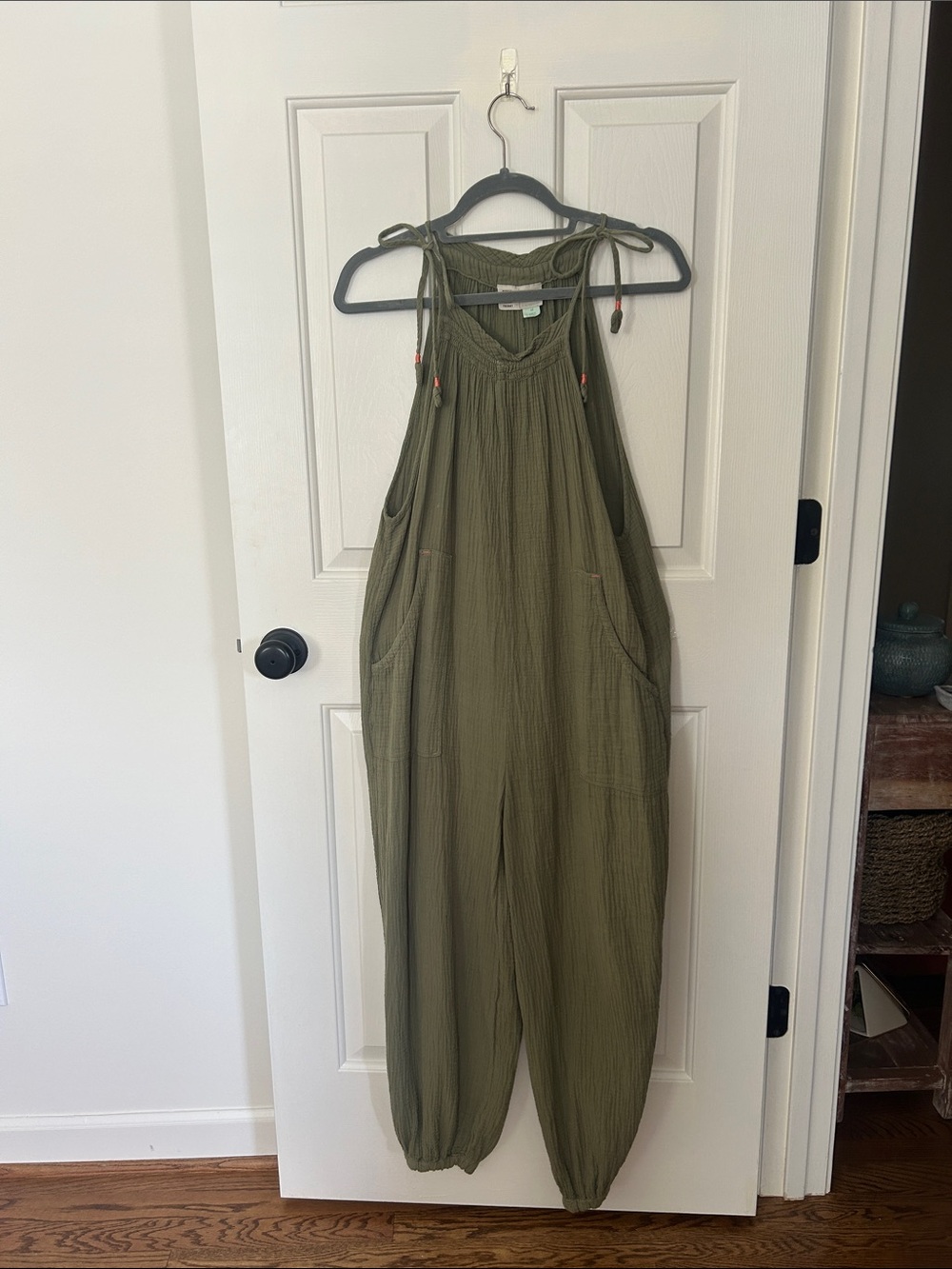Tie-Shoulder Olive Green Relaxed Jumpsuit